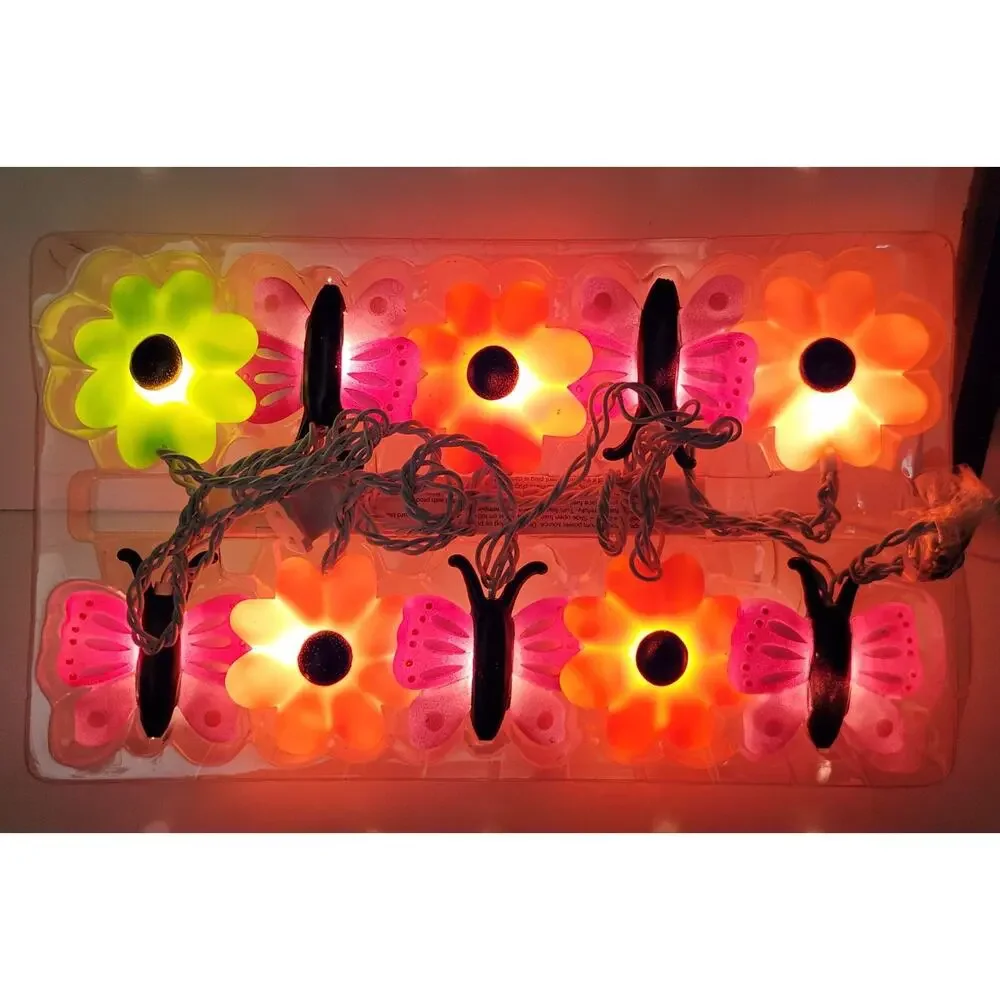 Vintage Butterfly & Flower Blow Mold String Lights Patio Indoor/Outdoor Set Of 2